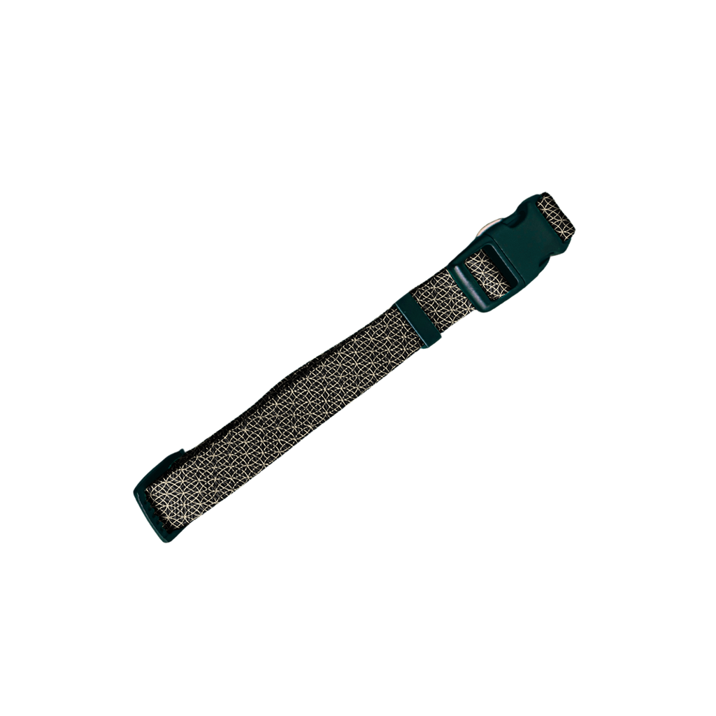 A dark green adjustable strap with a patterned beige and black woven band, shown diagonally on a plain white background.