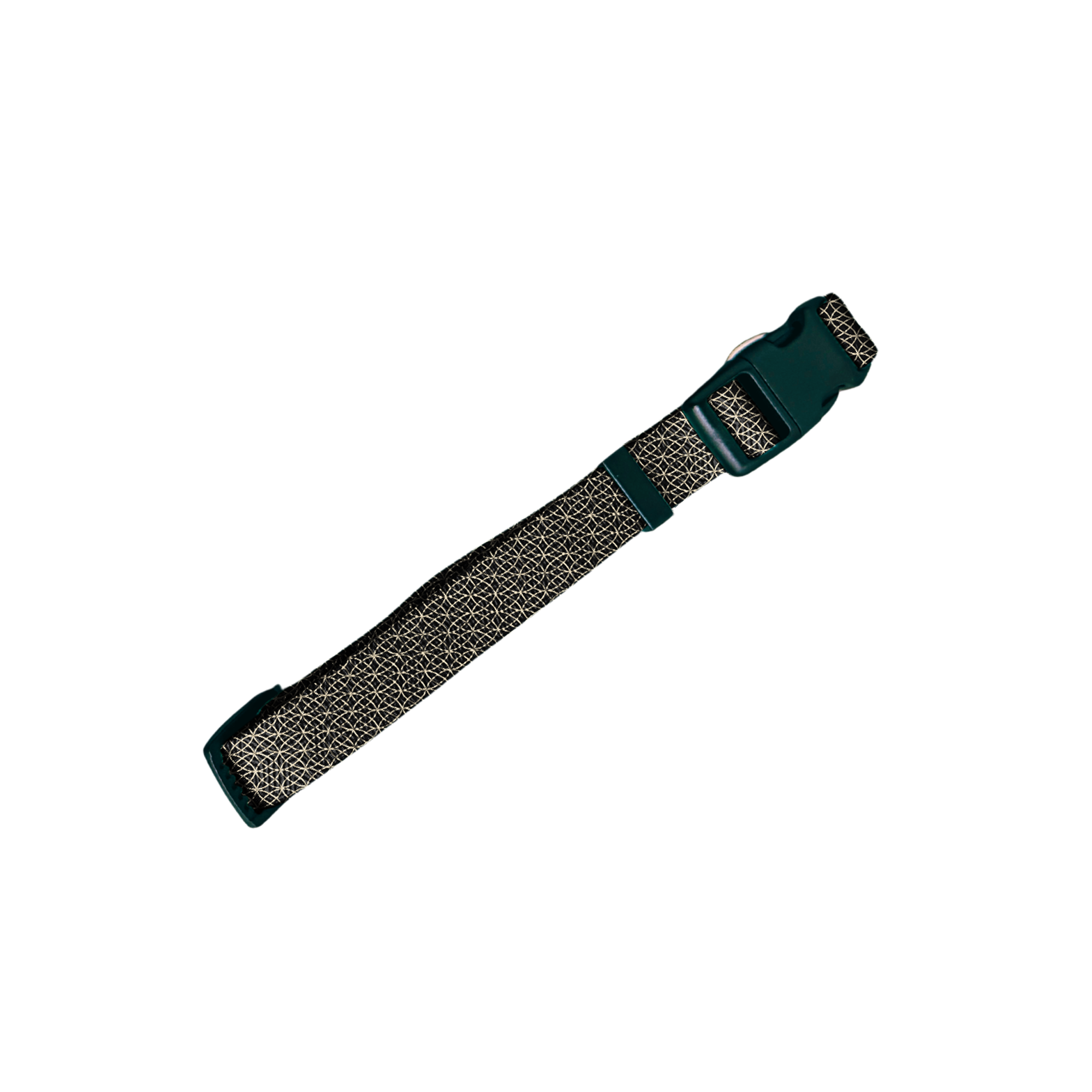 A dark green adjustable strap with a patterned beige and black woven band, shown diagonally on a plain white background.