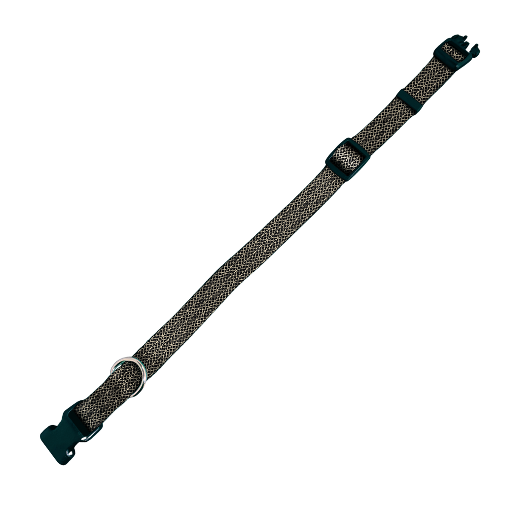 A woven dog collar with a brown and black patterned strap, a silver metal D-ring, and dark green plastic hardware, shown diagonally on a plain white background.