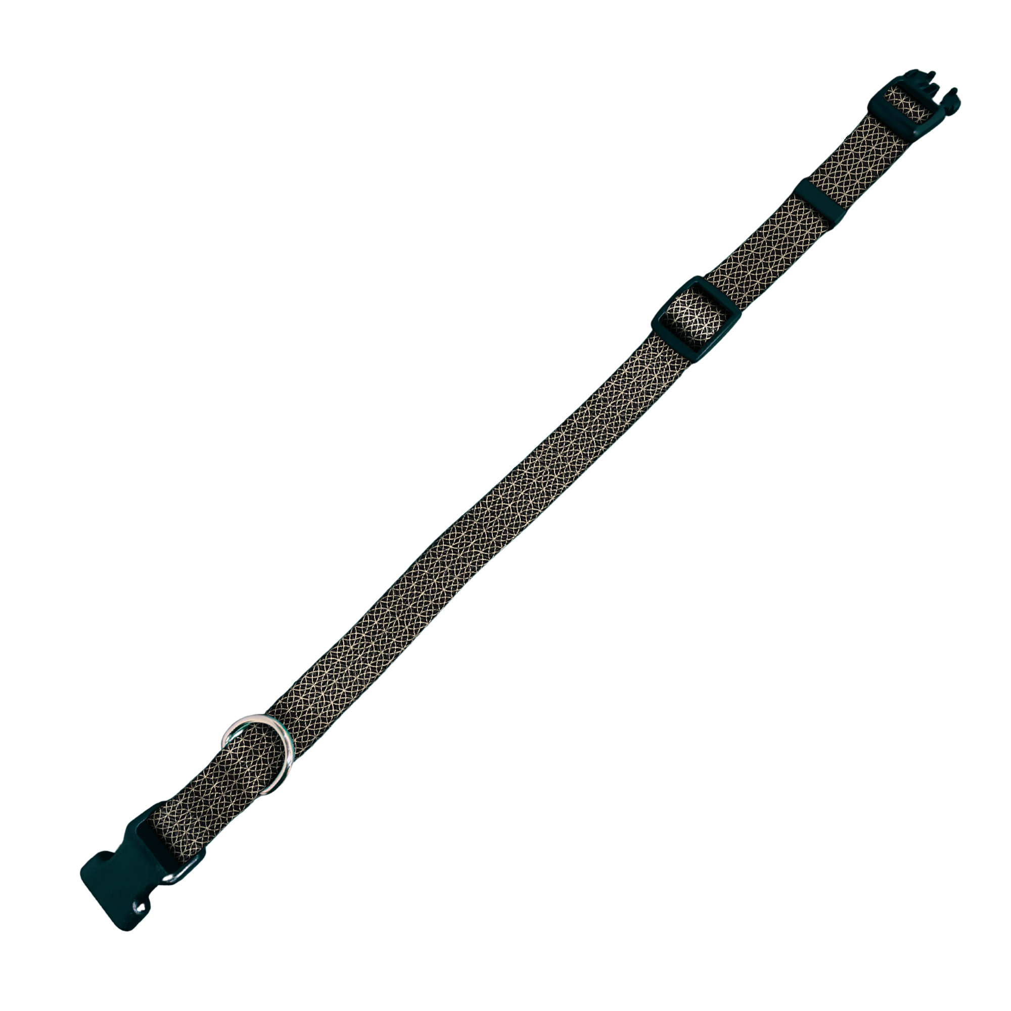 A woven dog collar with a brown and black patterned strap, a silver metal D-ring, and dark green plastic hardware, shown diagonally on a plain white background.